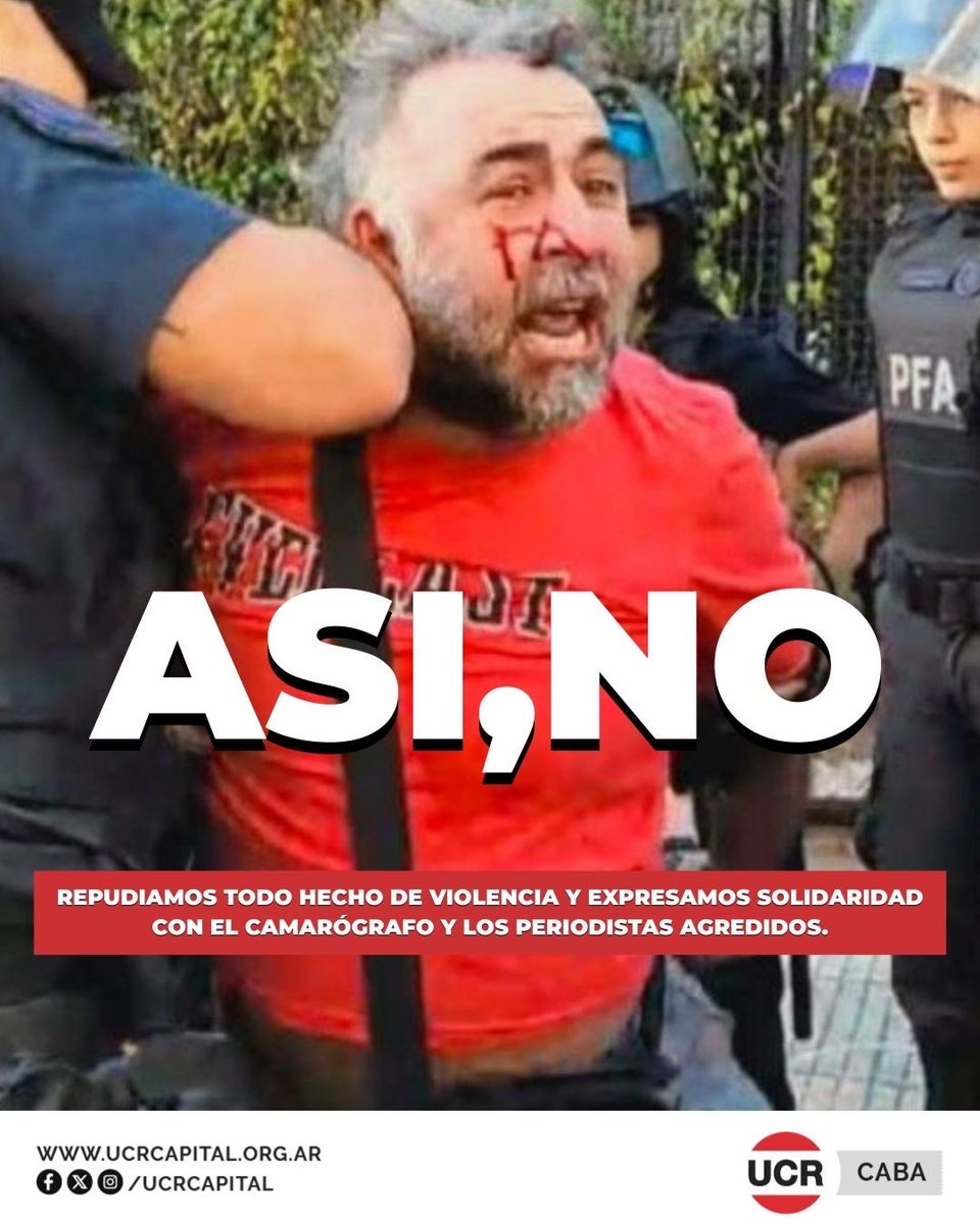 Desde la UCR repudiamos todo hecho de violencia y expresamos nuestra solidaridad con el camarógrafo y los periodistas agredidos. Ejercer el derecho a informar libremente es la base de una sociedad democrática.