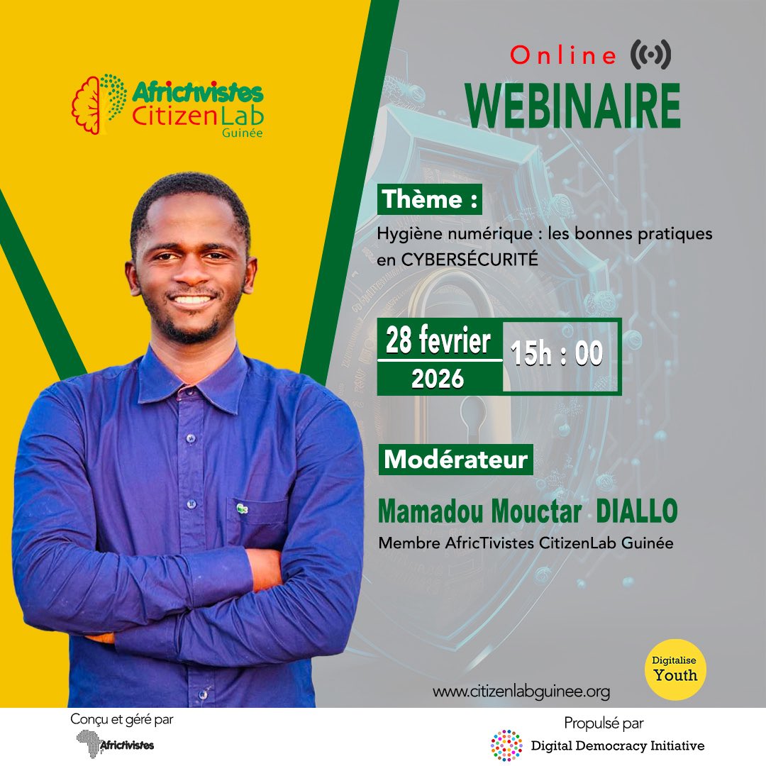 citizenlab_GN's tweet photo. Rejoignez notre webinaire et apprenez les bonnes pratiques en cyber sécurité 

👉 https://t.co/6JveN3fPFh 
📅 Samedi 28 février 
🕘15h00
📍 Microsoft teams

@AFRICTIVISTES @YouthCohort 

#AfricTivistes #Citizenlab #CitizenLabGuinee #DigitaliseYouth #AfricaLab ##YDC https://t.co/8pEWvdw0do