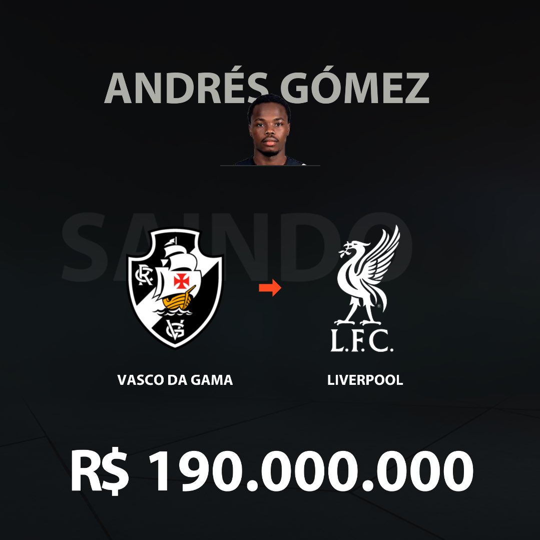 sonicvascaino's tweet photo. 🚨 ANDRÉS GÓMEZ NÃO É MAIS JOGADOR DO VASCO

Infelizmente o dia chegou, Liverpool chegou com uma proposta fortíssima de R$190M (~€30M) e ficou impossível de recusar, Andrés Gómez disputou 55 partidas pelo Vasco, marcou 20 gols, e deu 8 assistências.

Desejamos sorte ao colombia 🇨🇴
