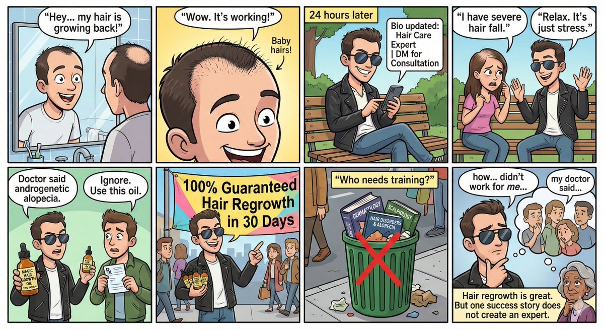 arunesh1998's tweet photo. Now a days, there is a surge of fake hair experts without qualification giving consultations online.

Personal regrowth story ≠ universal cure

One size doesn’t fit all.

Hair loss has many causes.

One success story cannot treat every diagnosis/patients. 
#Haircare
#DrArunesh https://t.co/3oDrGxJPdP
