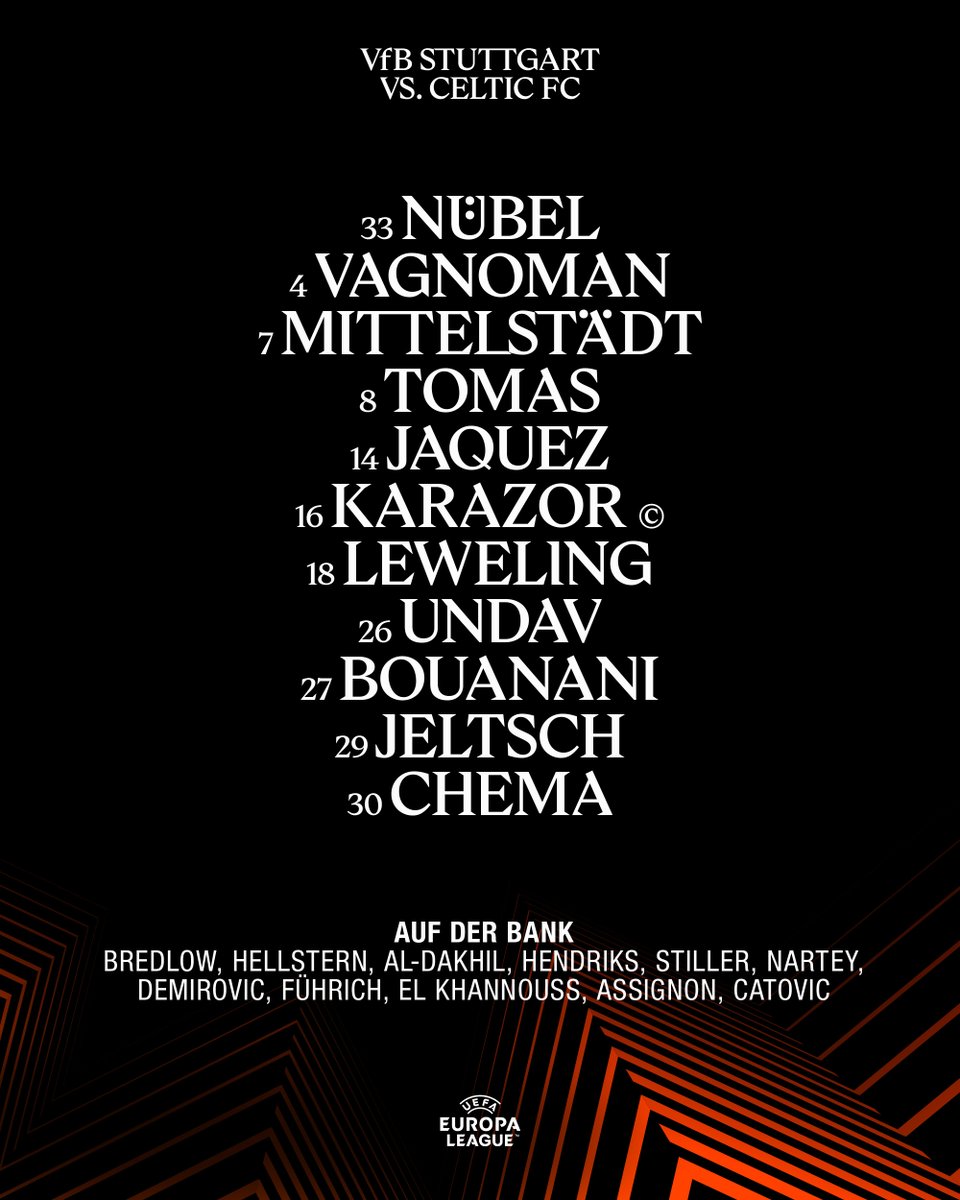 Hier ist unsere Startaufstellung für das Rückspiel der UEFA Europa League-Playoffs gegen den Celtic FC:

33 Nübel – 4 Vagnoman, 7 Mittelstädt, 8 Tomas, 14 Jaquez, 16 Karazor (C), 18 Leweling, 26 Undav, 27 Bouanani, 29 Jeltsch, 30 Chema

Zunächst auf der Bank: 1 Bredlow, 44