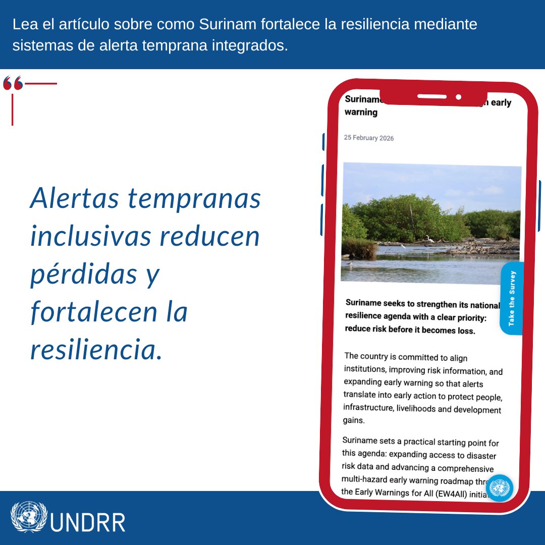 UNDRR_Americas's tweet photo. Surinam fortalece su resiliencia climática con sistemas de alerta temprana multiamenaza. Con apoyo de UNDRR y aliados, el país impulsa información de riesgo más clara y oportuna para proteger vidas y medios de subsistencia, en línea con el Marco de Sendai. https://t.co/G89pEVRCGu https://t.co/lzxLHvMU3n