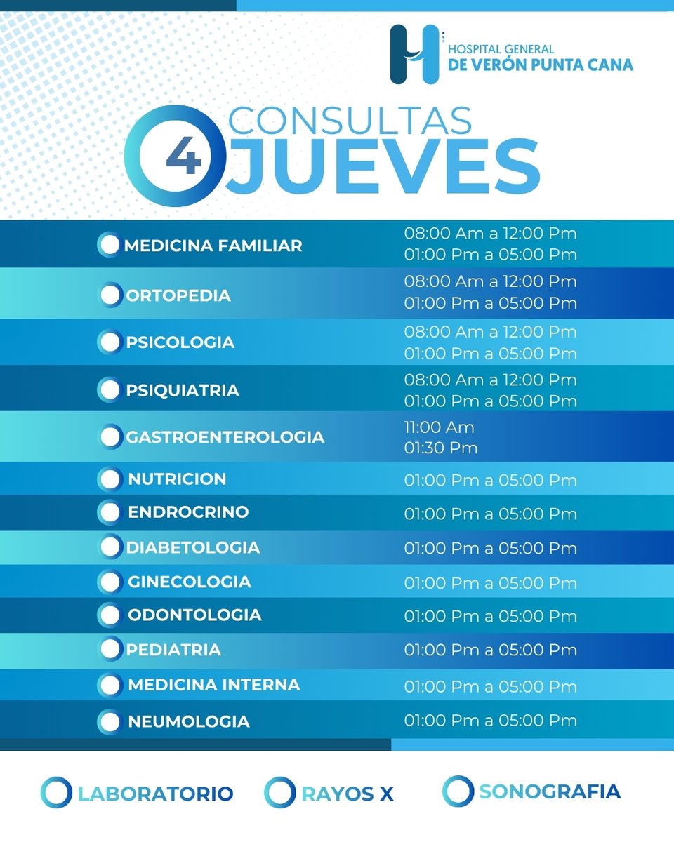 📅 Jueves de consultas especializadas 💙

Atendemos en Medicina Familiar, Ortopedia, Psicología, Psiquiatría, Gastroenterología, Nutrición, Endocrinología, Diabetología, Ginecología, Pediatría, Medicina Interna y Neumología.

🔬 Laboratorio | 🩻 Rayos X | 🖥️ Sonografía
#Salud