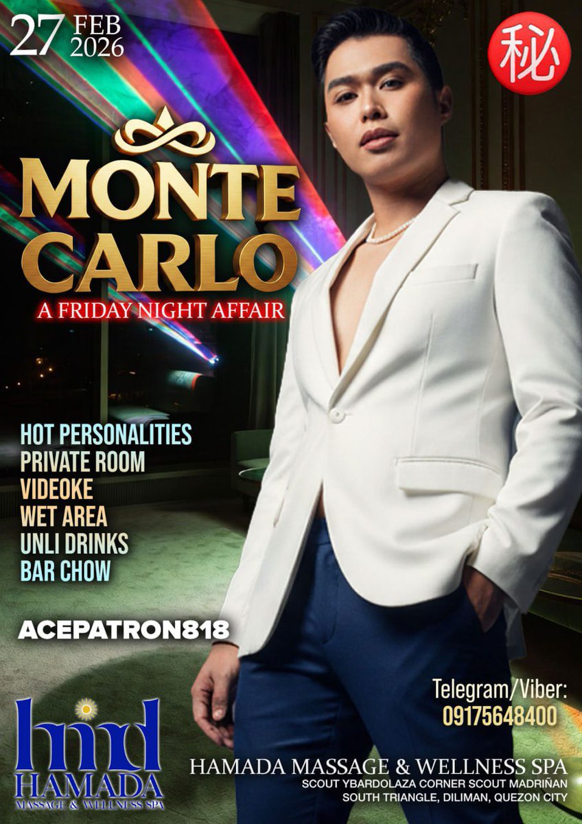 Feeling lucky on a Friday night ? 

MONTE CARLO
by <a href="/hotspotmen/">HOTSPOT PH</a> 
Tomorrow ! Feb 27, Friday
At <a href="/HamadaSpa/">Hamada Massage and Wellness Spa</a>
🔥  Lights Out Lounge
🔥  Non-Gambling Card and 
       Table Top games
🔥 Videoke
🔥  Unlimited Cocktails
🔥 Access to Steam / Sauna /
       Wet Floor