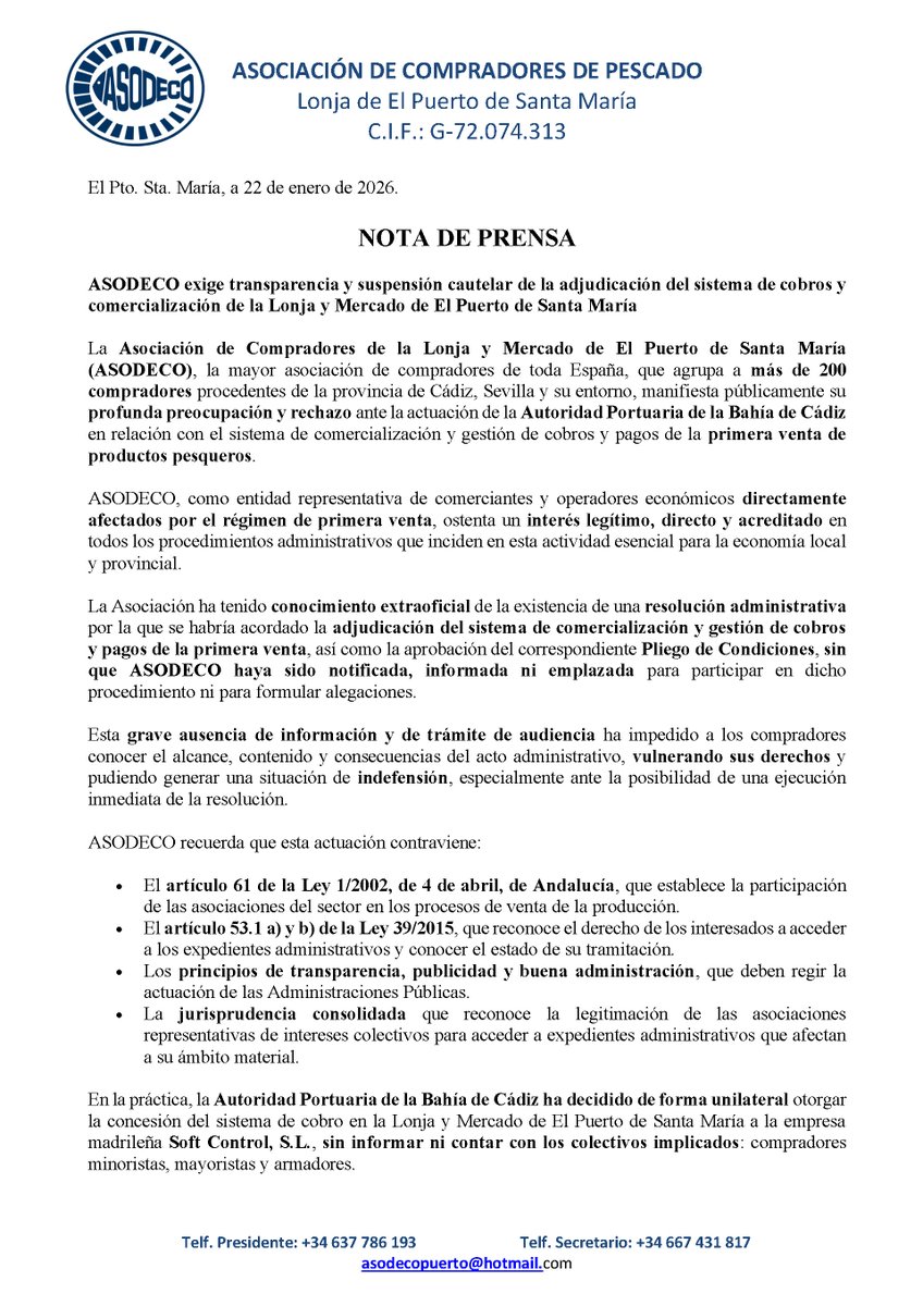 AsodecoPuerto's tweet photo. NOTA DE PRENSA
El Pto. Sta. María, a 22 de enero de 2026.

ASODECO exige transparencia y suspensión cautelar de la adjudicación del sistema de cobros y comercialización de la Lonja y Mercado de El Puerto de Santa María https://t.co/FU2yt3icV1