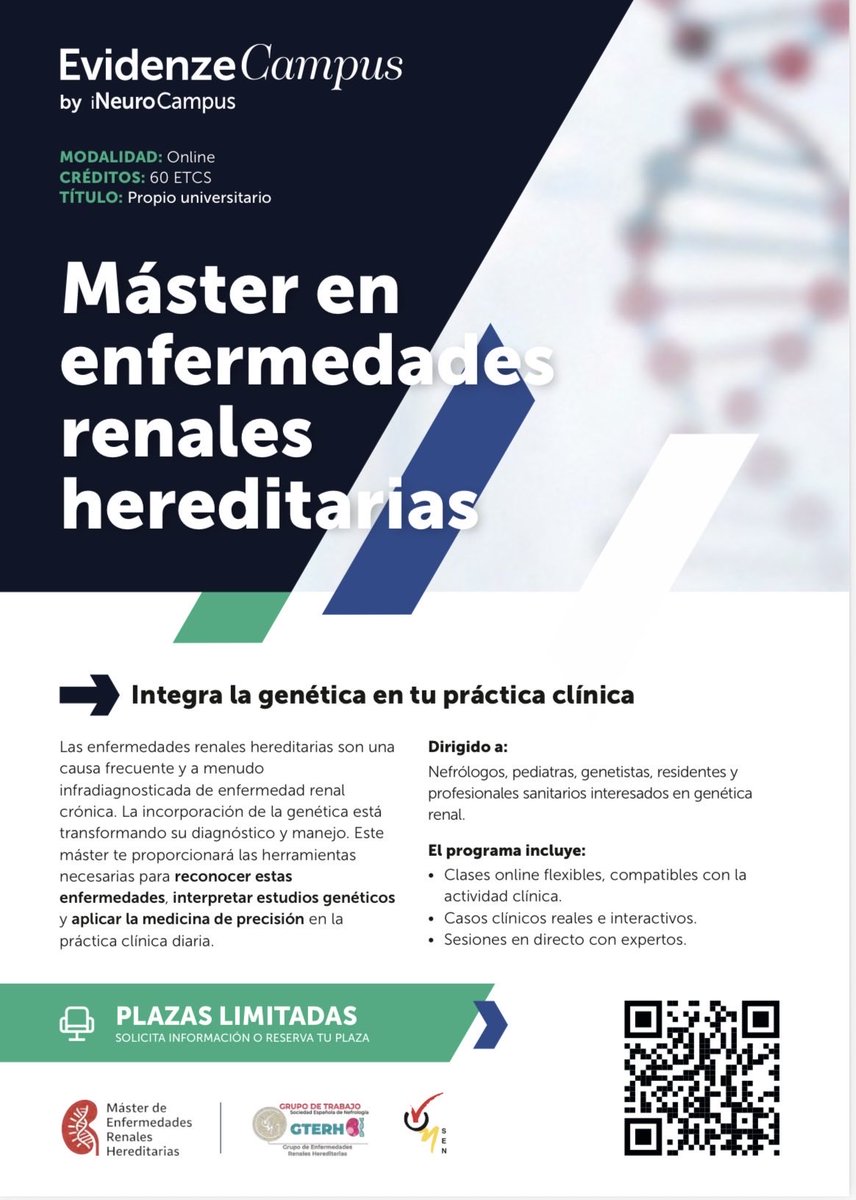 🧬1º Máster en Enfermedades Renales Hereditarias🧬

📚La medicina avanza y la formación especializada marca la diferencia. 

🌟Un programa innovador diseñado para profundizar en el diagnóstico, manejo y abordaje integral de las patologías renales de origen genético🧬#GTERH 👇🏻