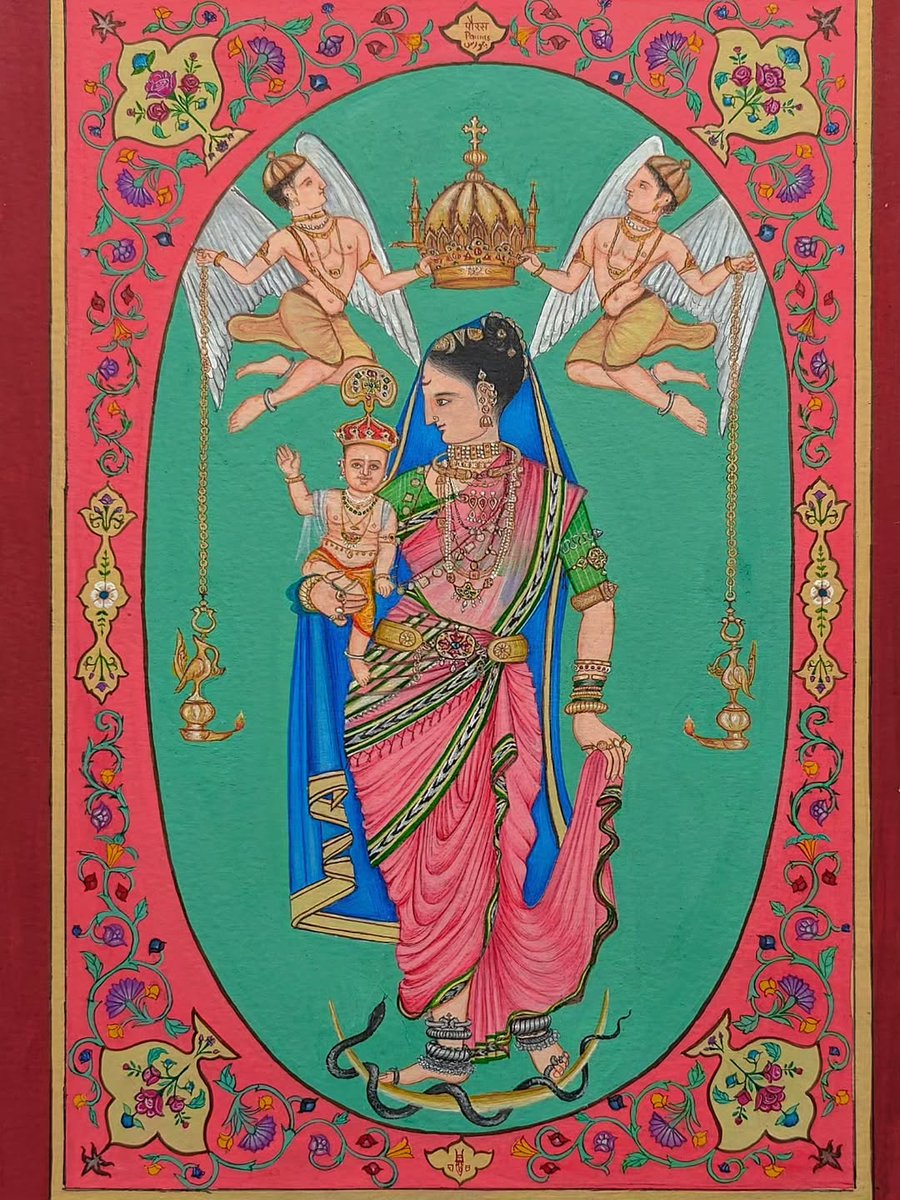 indo_christian's tweet photo. An Indian miniature depiction of Mother Mary and Baby Jesus by artist Pauras Sarmalkar. https://t.co/lAqo1VMpXl