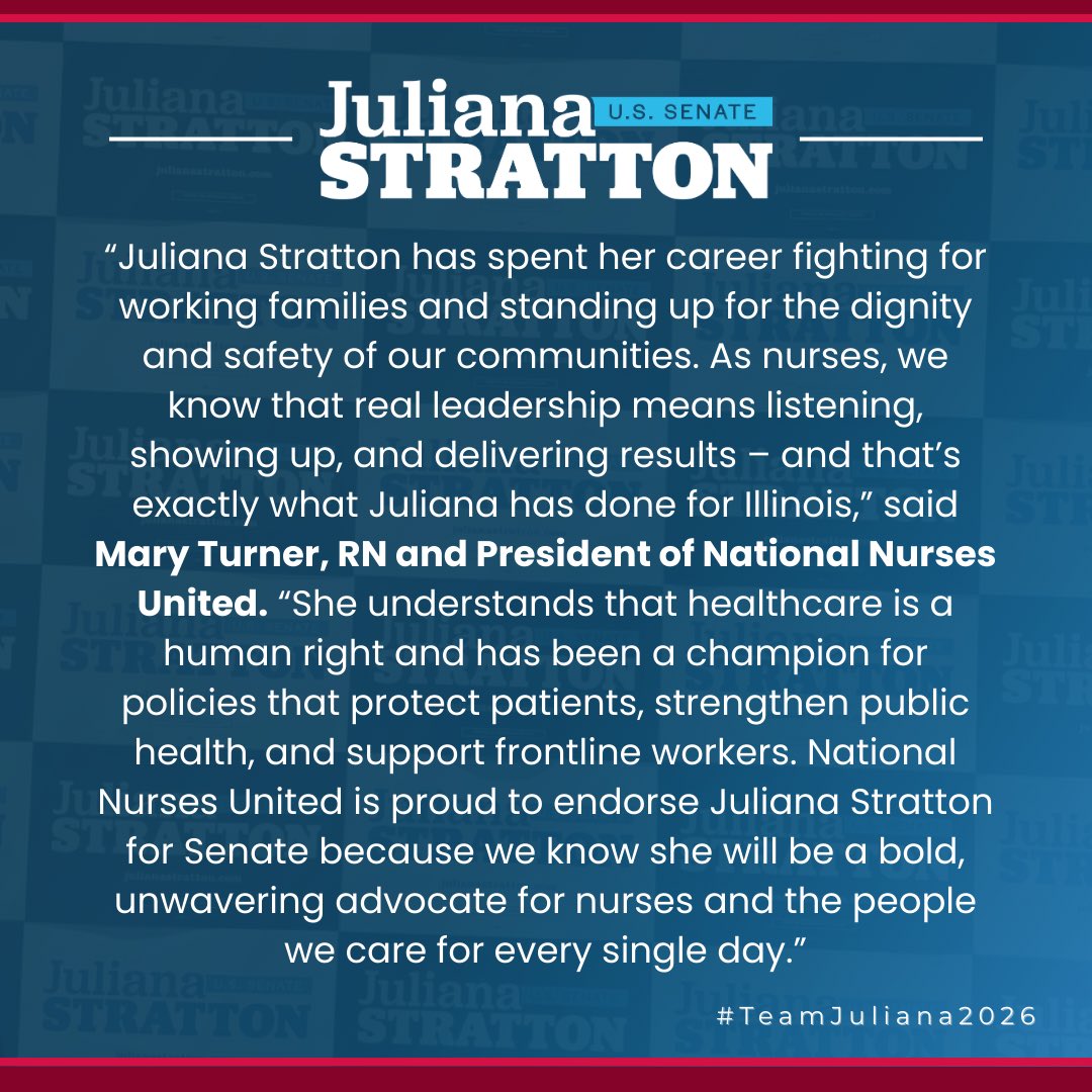 JulianaStratton's tweet photo. I’m so proud to have earned the endorsement of @NationalNurses! Let’s keep fighting for nurses and the people they care for every single day. Welcome to #TeamJuliana! https://t.co/6a5J5aydbt