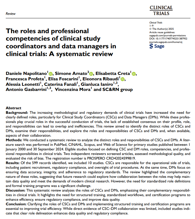 ColinBBegg's tweet photo. New systematic review clarifies the distinct roles of Clinical Study Coordinators and Data Managers in clinical trials. Standardized training & collaboration are key to improving trial quality & efficiency. #ClinicalResearch #CSCs #DataManagers @SCTorg https://t.co/ywi5OhW6uk