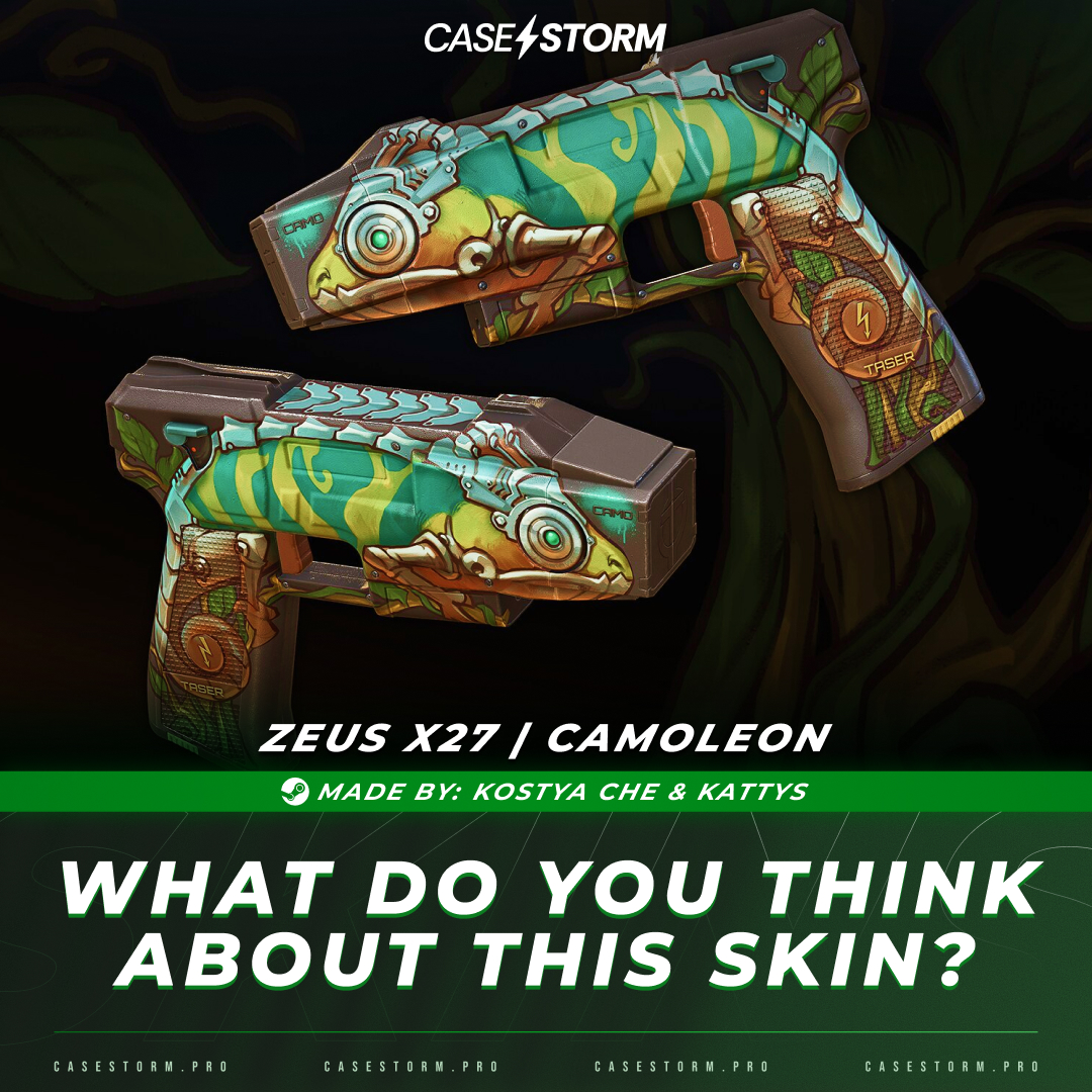 CasestormPRO's tweet photo. A chameleon-themed Zeus? That’s actually a perfect match 🦎⚡
Creative, detailed, and definitely unique.

Would you use this in-game?
Rate it from 1 to 10 👇

#CaseStorm #CS2 #CS2Cases #cs2skins #counterstrike #csgoskins #csgocases #cs2community #skins #steamworkshop #workshop https://t.co/9u3WrIa1l0
