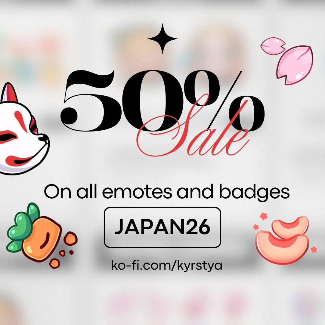 ☀️ 50% OFF SALE! 🇯🇵

I’ve always had a dream of visiting Japan, and I’ve decided to work towards it through my commissions and my Ko-fi shop 

Get 50% off my emblems &amp; emotes using code JAPAN26 at checkout! 💖 

Every purchase helps me get closer to my dream ✨

🔗 Link in bio!