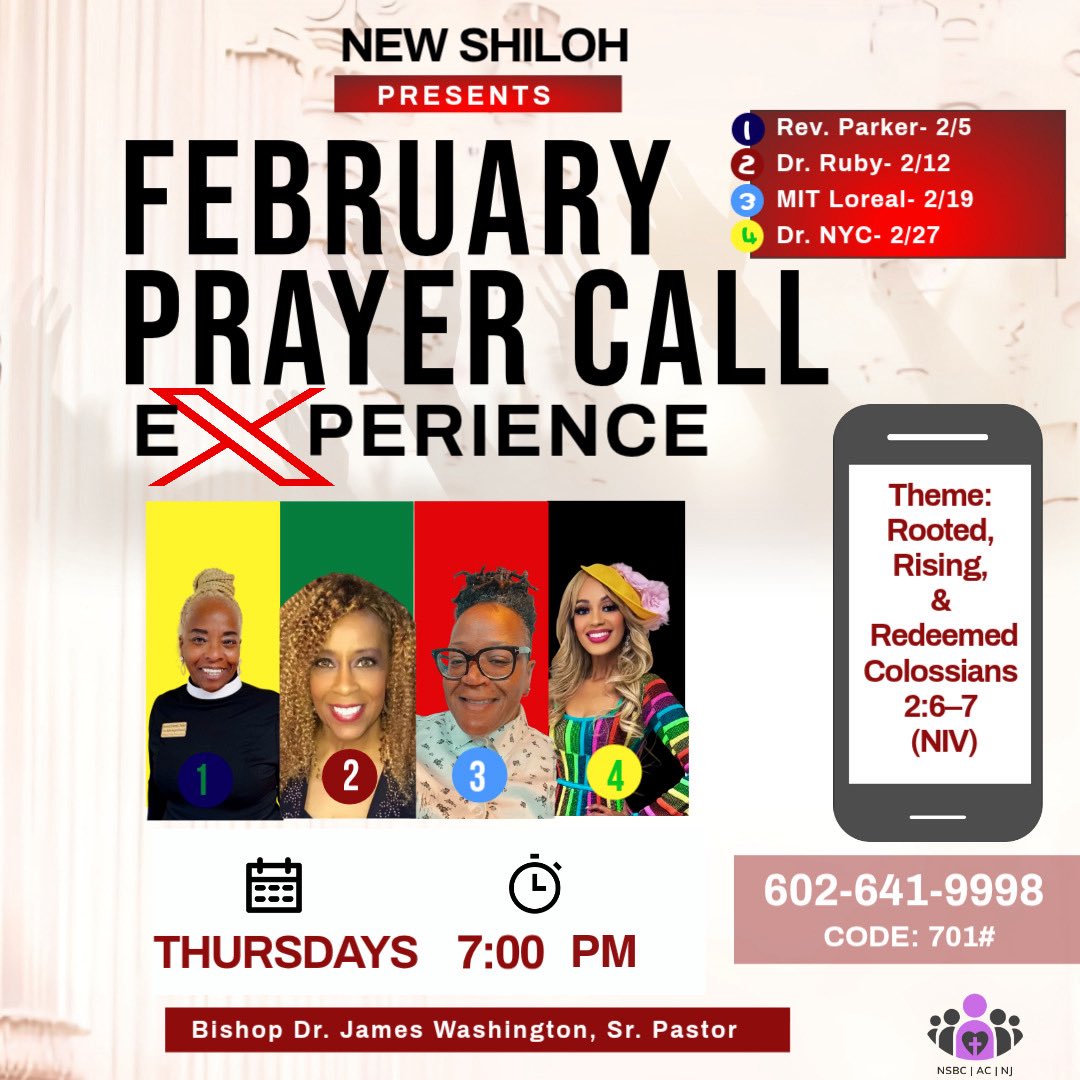 NewShilohACNJ's tweet photo. ✨ It’s PRAYER TIME! ✨

Join us tonight, Thursday, February 26, 2026 at 7PM EST, for our New Shiloh Weekly Prayer Call as Rev. Dr. Nycole Lyles-Belton (Dr. Nyc) leads us in a powerful moment of faith, gratitude, and expectation! 🙏🏽💖
📞 Call: 602-641-9998
🔑 Code: 701# https://t.co/Txs4X3rHf7