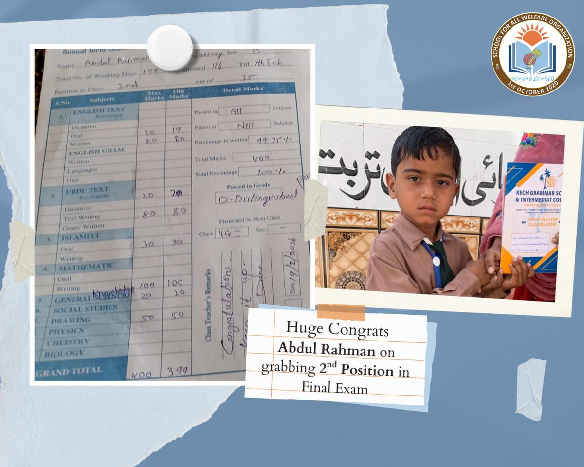 School_ForAll's tweet photo. سوبمندی جار !

گْوستگیں سال ءَ چہ اسکول ءَ ڈنّیں زھگ عبدالرحمنِ ایوب ایس ایف اے ءِ چیر دستی ءَ ماں کیچ گرامر اسکول ءَ داکِل کَنگ بوتگ اَت ، مرچی آئی سوبمنی ءِ ھال دیما آھان اَنت۔

عبدالرحمن وتی اولی تبکّ ءِ گُڑّی چَکّاس  ءَ گوں دومی نمبر ءَ دیما شُتَگ  ۔ https://t.co/j0GAvKCOdZ