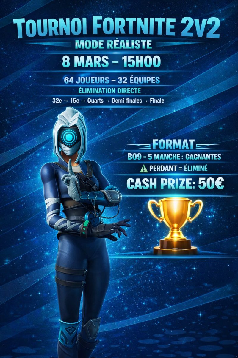 ArenallOff's tweet photo. 🔥 TOURNOI FORTNITE 2V2 – MODE RÉALISTE 🔥

📅 8 Mars – 15h00
👥 32 équipes (64 joueurs)
⚔️ Élimination directe
🎮 BO9 – 5 manches gagnantes
💰 Cash Prize : 50€
Tu penses avoir le niveau ? 👀
Tag ton duo et viens chercher le TOP 1 🏆
Les places vont partir vite… 🚨
#Fortnite #TournoiFortnite #Fortnite2v2 #FortniteFR #EsportFR #GamingFR #CashPrize #Duos