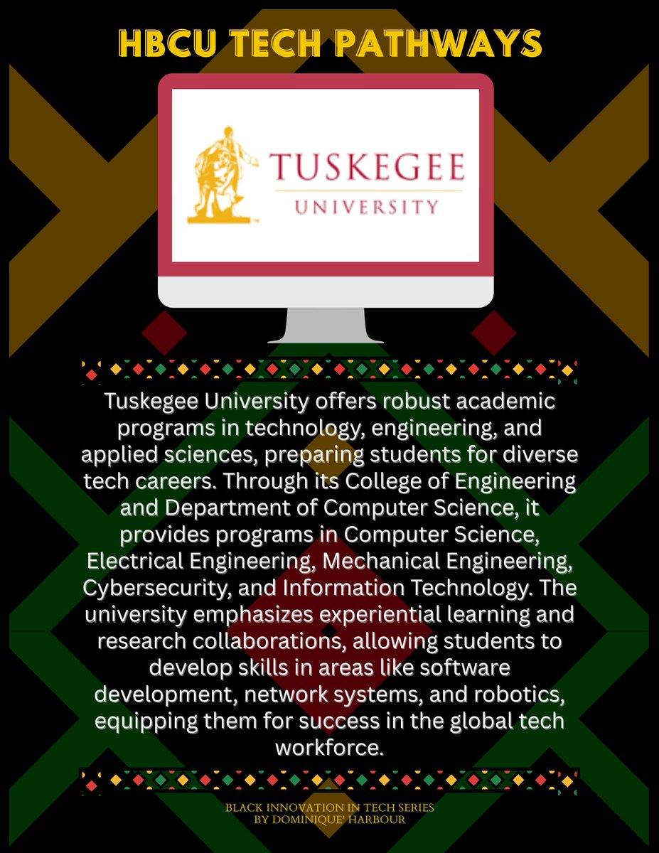 APSITDominique's tweet photo. Day 26 | HBCU Tech Pathways
See what Tuskegee University has to offer.

#BlackHistoryMonth #HBCUs #BlackInTech
#STEMEducation #TechPathways https://t.co/Cfpqnj95wz