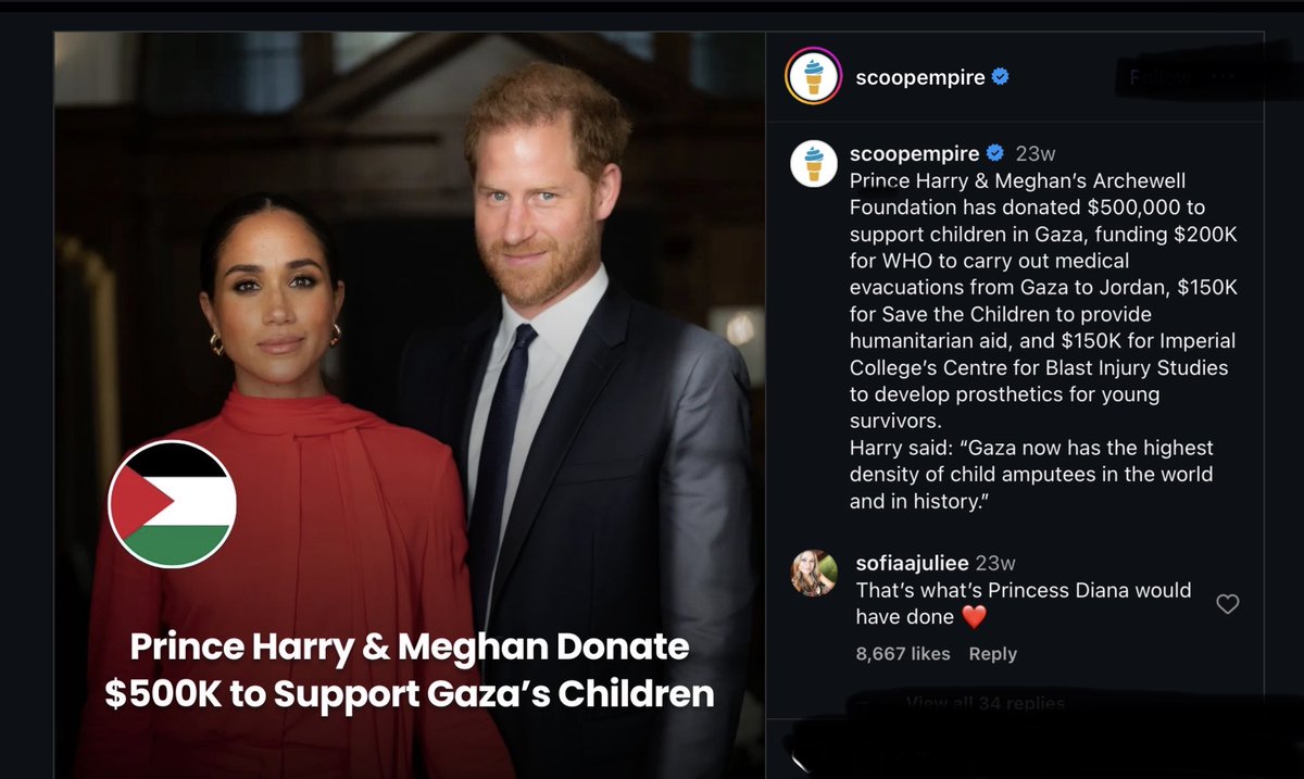 royalwhisper's tweet photo. Harry &amp; Meghan’s Archewell Foundation donated $500,000 to support children in Gaza,funding $200K for WHO to carry out medical evacuations from Gaza to Jordan,$150K to Save the Children for humanitarian aid, &amp; $150K to Blast Injury Studies to develop prosthetics to young survivors https://t.co/23CxU9U8xR