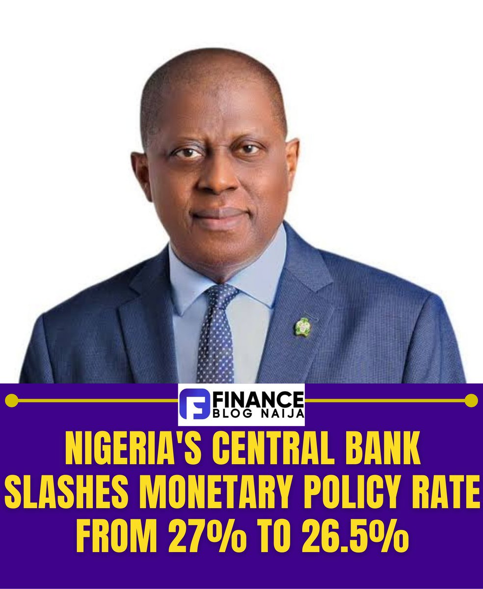 Financeblog9ja's tweet photo. BREAKING: Nigeria's Central Bank Slashes Monetary Policy Rate from 27% to 26.5%.

The MPR is the interest rate set as a benchmark by the CBN to control inflation, manage money supply and influence borrowing costs in the economy.

#Financeblog9ja #FinanceConversations #MoneyMatter https://t.co/9boZSFzSDn