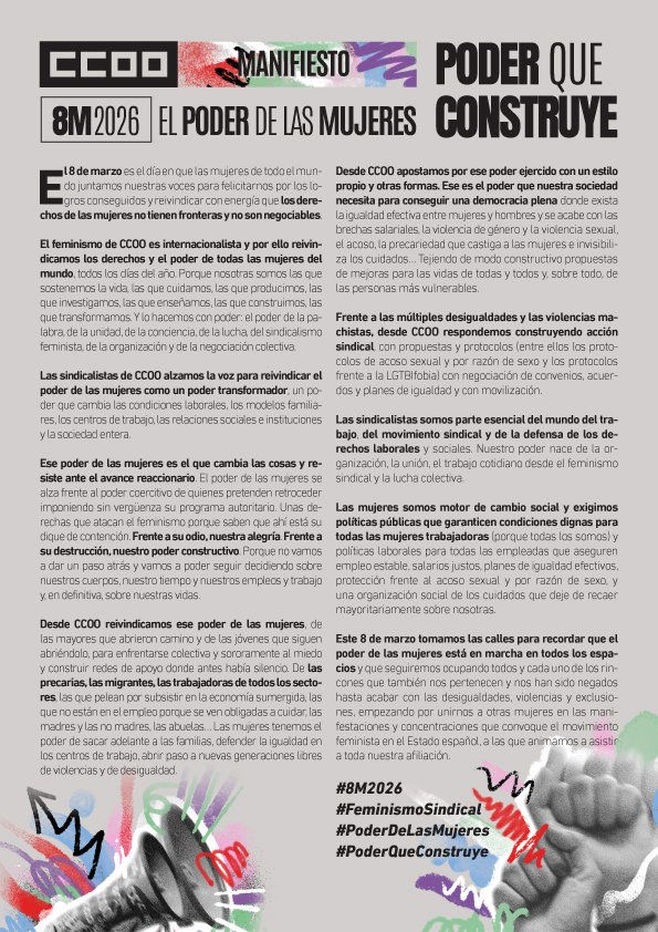 Este #8M2026 tomamos las calles para recordar que el poder de las mujeres está en marcha y que seguiremos ocupando todos y cada uno de los rincones hasta acabar con las desigualdades, violencias y exclusiones #FeminismoSindical 
#PoderDeLasMujeres Manifiesto 👇🏻
