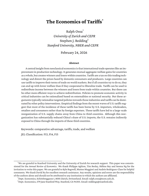 int_mon_econ's tweet photo. This looks like a must-read!

"The Economics of Tariffs" by Ralph Ossa and Stephen J. Redding.

"A central insight from neoclassical economics is that international trade operates like an improvement in production technology. It generates mutual aggregate welfare gains for countries as a whole, but creates winners and losers within countries. Tariffs are a tax on this trading technology and distort the prices faced by domestic consumers and producers. Large countries can use tariffs to improve their terms of trade on world markets. But if all countries try to do so, they can end up with lower welfare than if they cooperated to liberalize trade. ...Empirical findings from the recent waves of U.S. tariffs suggest that most of the incidence of these tariffs has been borne by U.S. importers, wholesalers, retailers and consumers rather than by foreign exporters. These tariffs have led to a large-scale reorganization of U.S. supply chains away from China to third countries. Although this reorganization has substantially reduced China’s share of U.S. imports, the U.S. remains indirectly exposed to China through the imports of these third countries."

https://t.co/J9vW8Rtwpn