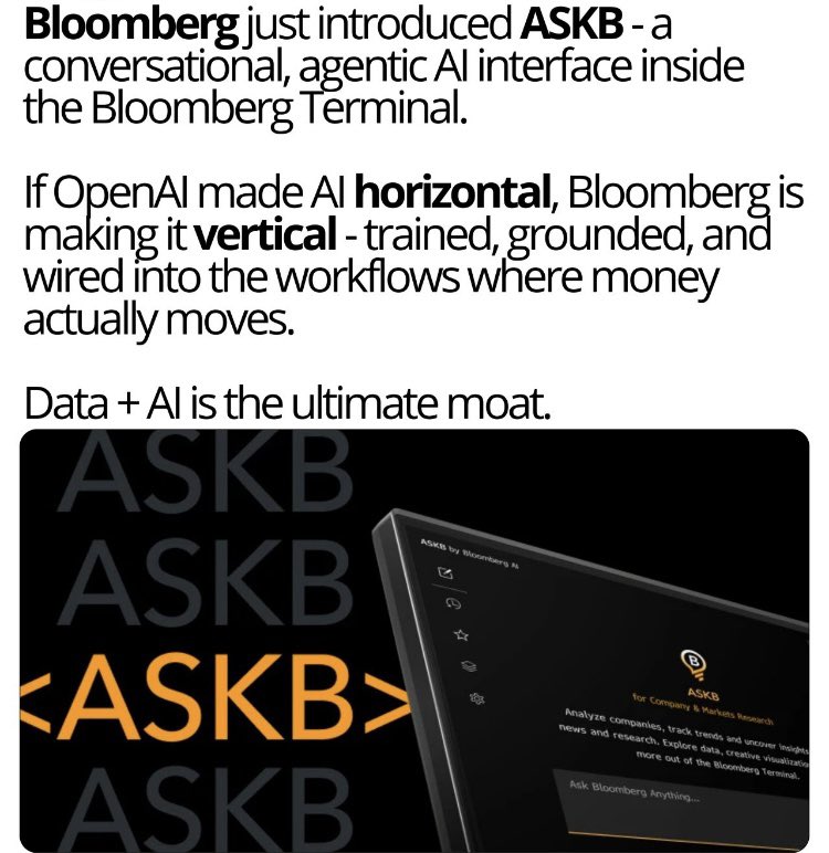 iafocus_fr's tweet photo. Tout le monde pensait que l’IA allait “débundler” Bloomberg.

Bloomberg l’a intégrée directement dans le Terminal avec ASKB.

Résultat : plus rapide, plus intégré, plus indispensable.

Les gagnants de l’IA ne l’ajoutent pas.
Ils la fusionnent au cœur du produit. 🤖

#AI #Fintech https://t.co/RI4mqLv8VG