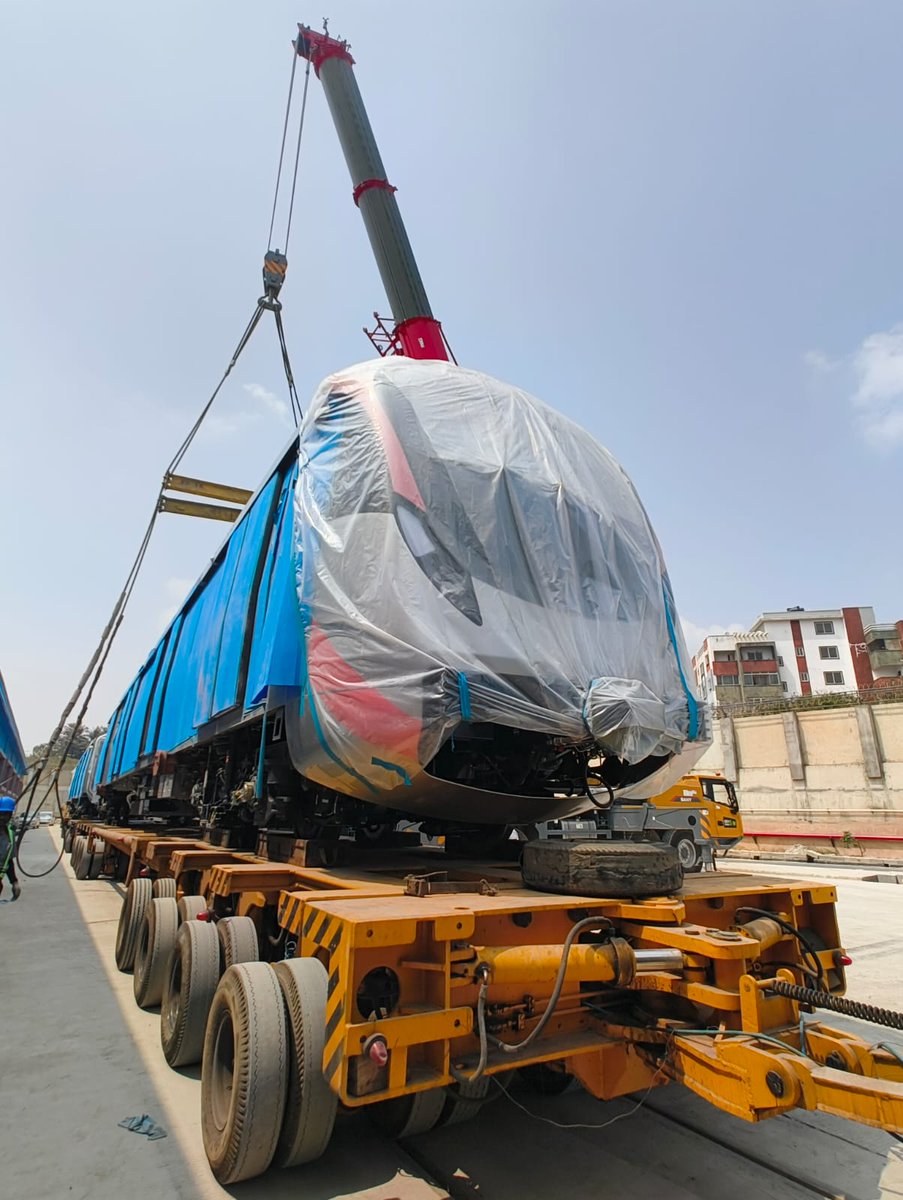 Yay!

3rd #PinkLine train has arrived &amp; moved to Inspection Bay Line at Kothanur depot.

While <a href="/titagarhgroup/">Titagarh</a> lags, <a href="/BEMLltd/">BEML India</a> supplies 3 trains in 2 months!

May opening possible for #PinkLine's elevated section  if statutory clearances come through.

<a href="/WF_Watcher/">Bangalore Metro Updates</a> <a href="/blrmetrotracker/">BLR Metro Tracker</a>
