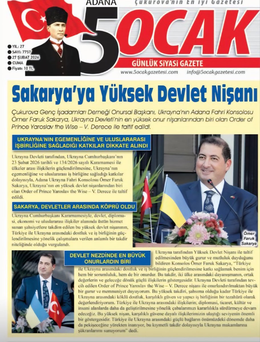 Ukrayna Devleti tarafından “Order of Prince Yaroslav the Wise – V. Derece” yüksek devlet nişanı ile taltif edilen Adana Ukrayna Fahri Konsolosu kıymetli dostum, Sayın Ömer Faruk Sakarya’yı gönülden tebrik ediyorum.

Türkiye ile Ukrayna arasındaki dostluk ve iş birliğinin