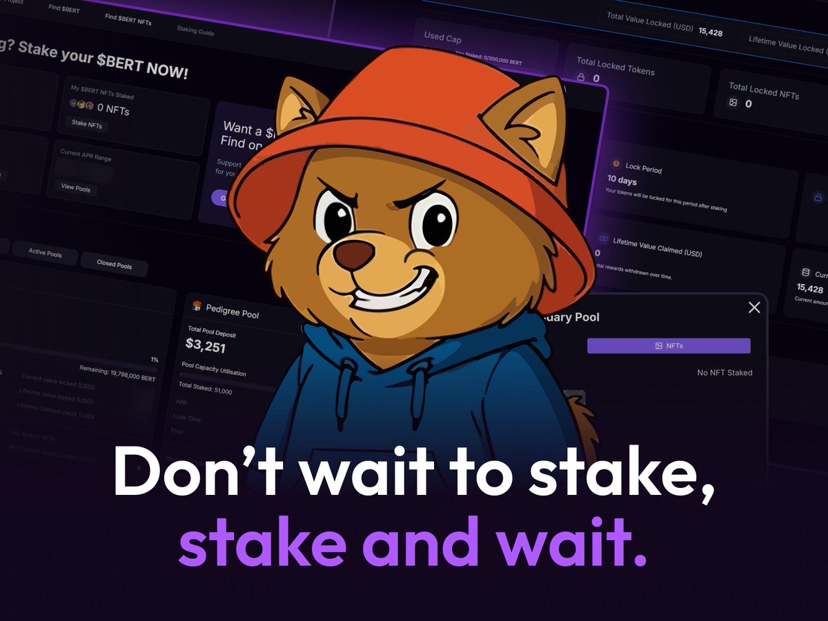 You can stake both your $BERT tokens and NFTs across flexible 10, 20, 30 or 60-day pools and earn up to 18% APR. 

Position yourself and let time do the rest.  

👉 staking.bert.global