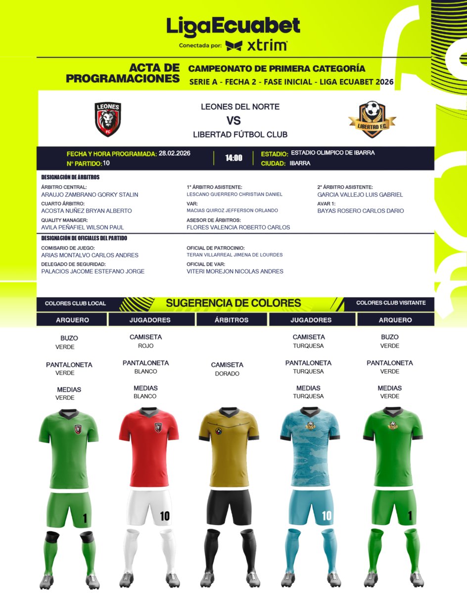 La designación de árbitros y autoridades para el compromiso de LigaPro Serie A.
Leones F.C. vs Libertad F.C. por fecha #2 de la Fase inicial.

#DeporteActive