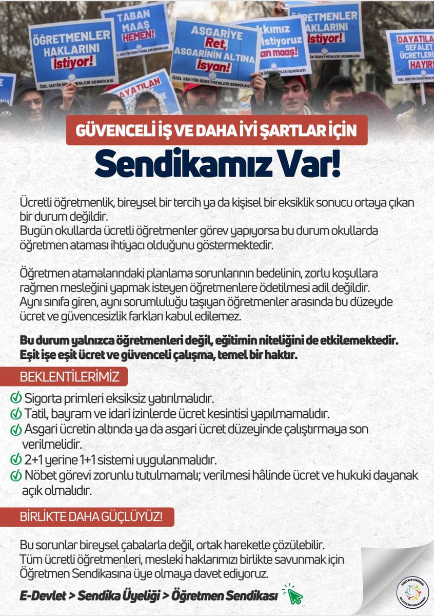 📣 Ücretli öğretmenlik, bireysel bir tercih ya da kişisel bir eksiklik sonucu ortaya çıkan bir durum değildir.
Bugün okullarda ücretli öğretmenler görev yapıyorsa bu durum okullarda
öğretmen ataması ihtiyacı olduğunu göstermektedir.

❗️Öğretmen atamalarındaki planlama