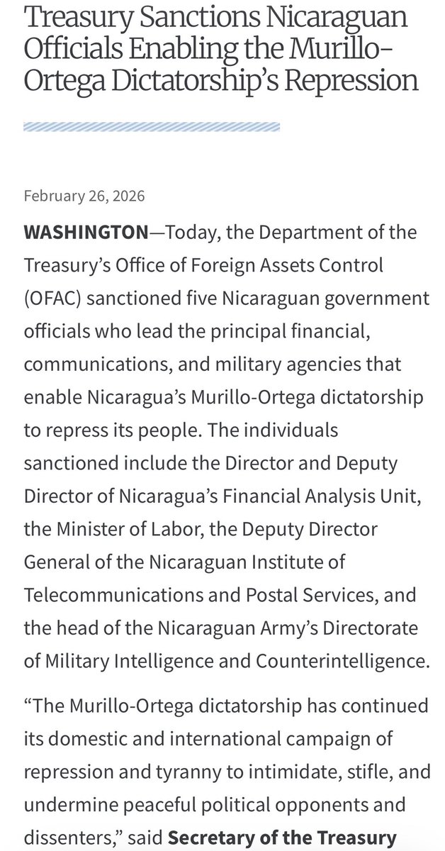 Tesoro EEUU fulmina con sanciones a miembros de la Unidad de Análisis Financiero Membreño y Saenz, a la Ministra del Trabajo Flores, a la sub directora de Telcor Reyes y al Director de Inteligencia militar Gutierrez. Se está calentando la cosa. Ortega en la mira.