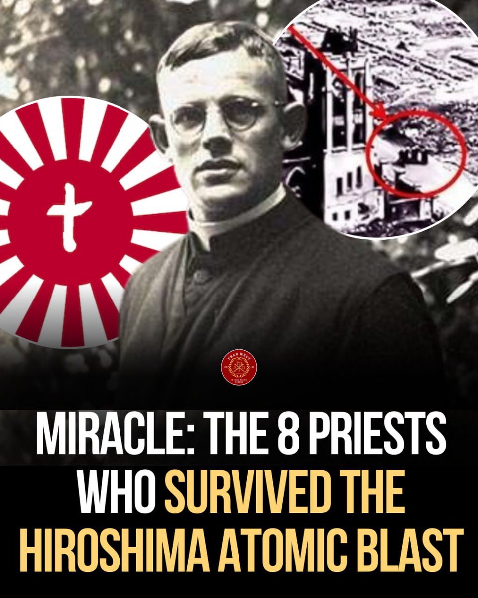 trad_west_'s tweet photo. The atomic bomb destroyed the city, but it had no power over the Rosary.

August 6, 1945. The atomic bomb dropped on Hiroshima. Ground Zero was 8 blocks away from the Jesuit rectory. 

Everything within a mile was instantly vaporized, but the rectory remained standing. Inside, eight Jesuit priests (including Fr. Hubert Schiffer) survived. 

The eight Jesuit priests inside, led by Fr. Hubert Schiffer, survived virtually unscathed. They were examined by doctors hundreds of times over the next 30 years: no radiation sickness, no cancer.

They didn't just survive the blast; they suffered no radiation sickness and lived healthy lives for decades afterward. Scientists examined them 200 times and couldn't explain it. 

Fr. Schiffer had a simple answer: "We lived the message of Fatima. We prayed the Rosary daily in that home."

Physics says they should be dead but the Queen of Heaven disagreed.
