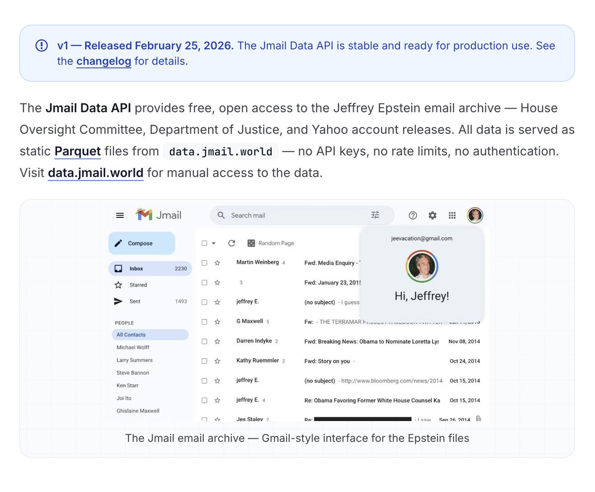 We open sourced the Jmail dataset.

1.8M+ emails, texts, and flights extracted from messy PDFs are now free for anyone to analyze, explore, and report on.

jmail.world/docs