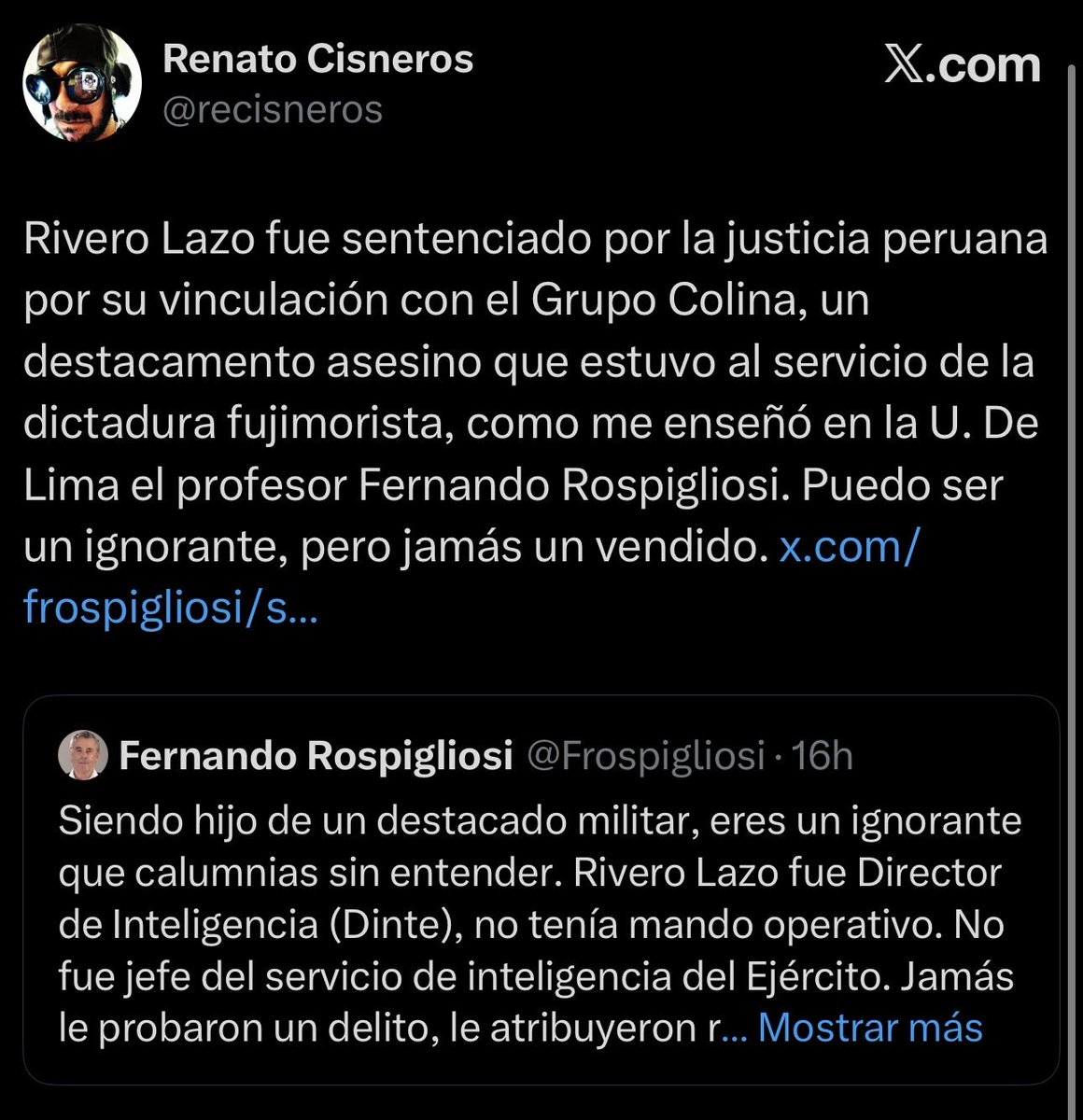 Tremendo KO de <a href="/recisneros/">Renato Cisneros</a> a Rospulgoso.

Que le recuerden la persona que fue antes de venderse al fujimorismo por 180mil soles debe ser tormentoso para este miserable <a href="/Frospigliosi/">Fernando Rospigliosi</a>
