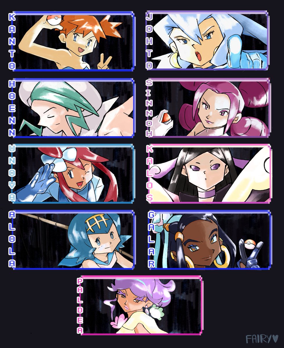 Happy 30 years of Gym leaders! (And Trial Captians!) Here are my favs from each region in an attempt at the older art style. I'm so excited to see who we'll challenge next game 👀
