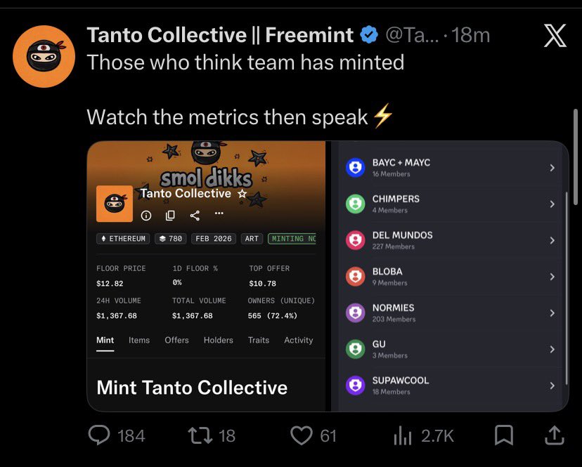 Not gonna lie, this one is disappointing.

We partnered in good faith to bring value to our community.

Firstly supply gets reduced, partner communities mint first with over 820+ / 999 already gone lol 😂 
Meanwhile the communities and CMs who helped amplify early are still