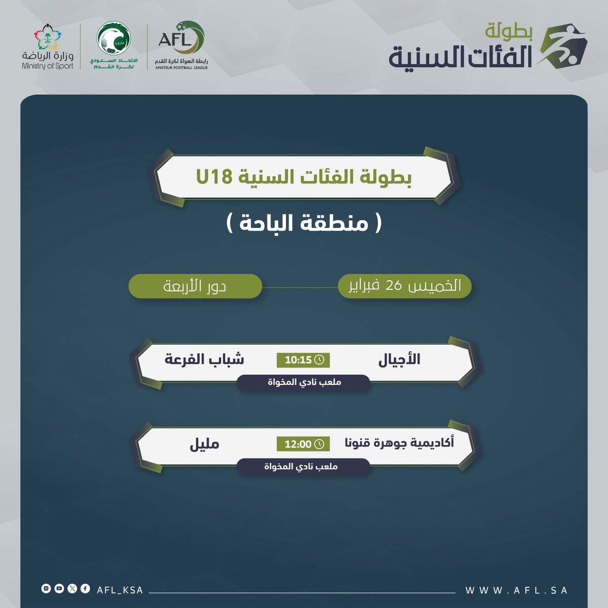 نلتقيكم اليوم في نصف نهائي رابطة الهواة بمنطقة الباحة تحت 18 عام 
#أكاديمية_جوهرة_قنونا 
مليل 
12:00 ص 
ملعب نادي المخواة الرياضي 
كل التوفيق لأبناء الجوهرة 🤍🤍🤍🤍🤍.
