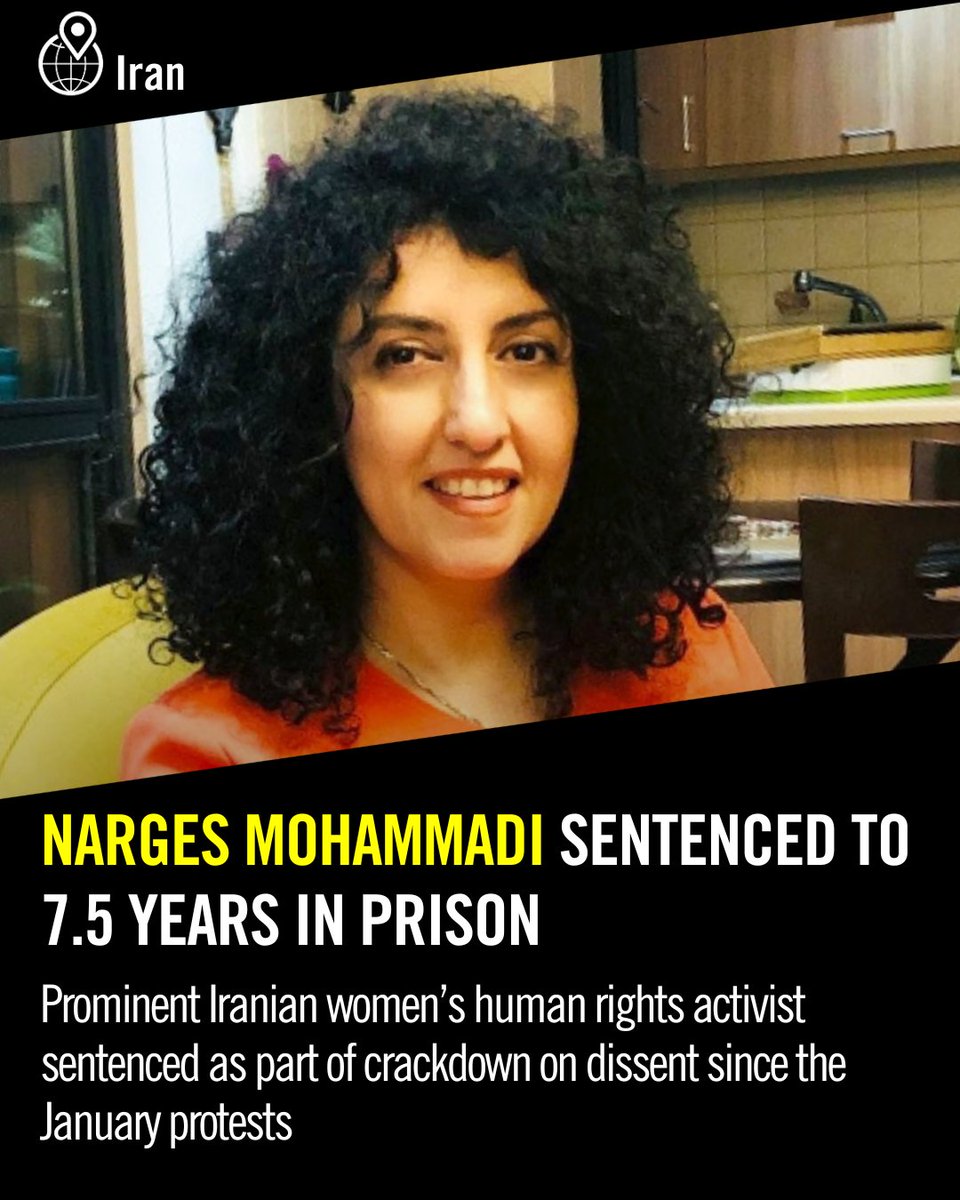 AmnestyUK's tweet photo. Amidst an ongoing crackdown on dissent in the aftermath of the January protest massacres in Iran, a Court convicted human rights defender Narges Mohammadi for her human rights activism after a grossly unfair trial and sentenced her to 7.5 years in prison.

Since her arbitrary arrest on 12th December 2025, Iran's authorities have denied her access to family and lawyers, including in court, and have held her incommunicado in harsh conditions in a Mashhad detention facility. 

Iranian authorities have denied Narges Mohammadi access to adequate and timely health care despite her poor health and torture related injuries.

The Iranian authorities must immediately and unconditionally release Narges Mohammadi.
