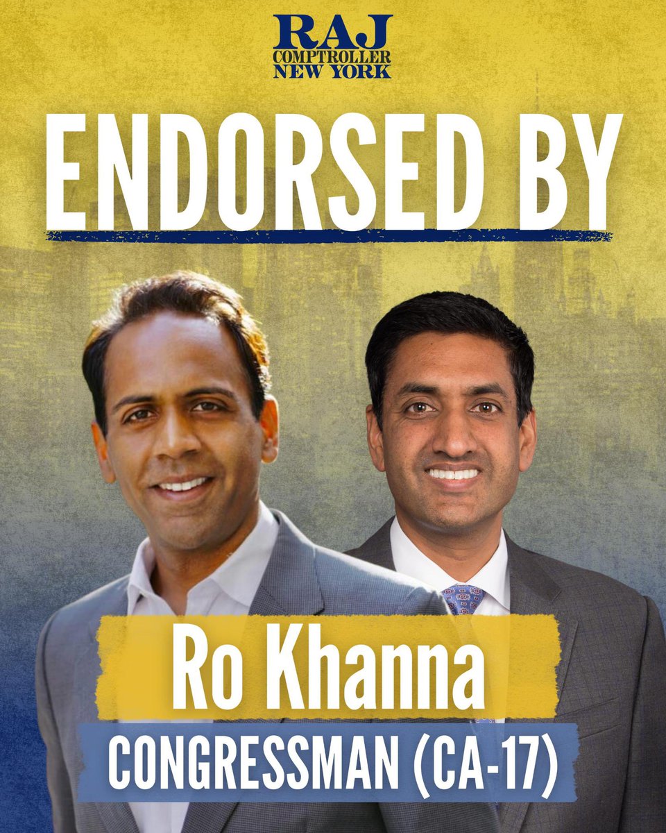 I'm grateful to have the endorsement of progressive champion Congressman <a href="/RoKhanna/">Ro Khanna</a>.

Ro understands that the Comptroller can and must be one of our strongest fighters against corporate greed and rising costs.

When I'm elected, we'll get back to fighting for New York.