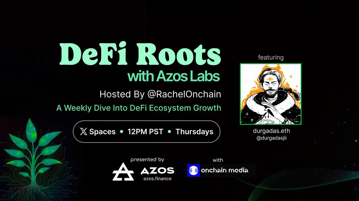 Today is the day! 🗓️

Join us for our DeFi Roots space today with <a href="/AzosFinance/">Azos Finance</a> and <a href="/durgadasjii/">durgadas.eth</a> 😌🥳 

Set your reminders below ⬇️
x.com/i/spaces/1Oxwb…