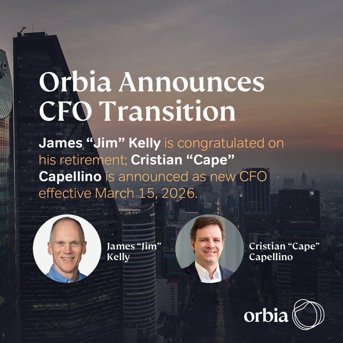 Orbia has announced an important leadership transition within our finance organization. After nearly five years of dedicated service as CFO, Jim Kelly will retire. Cristian Capellino, “Cape”, will assume the CFO role effective March 15, 2026. Learn more: bit.ly/4kTL7NE