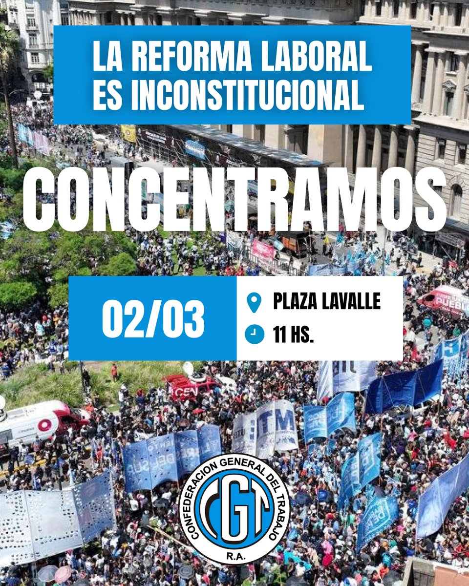 🇦🇷📣 CONCENTRACIÓN EN PLAZA LAVALLE

La reforma laboral del gobierno es inconstitucional.

El próximo lunes nos concentramos en Plaza Lavalle, en la Ciudad de Buenos Aires, para acompañar la presentación judicial que realizaremos para frenar un intento de reforma que vulnera
