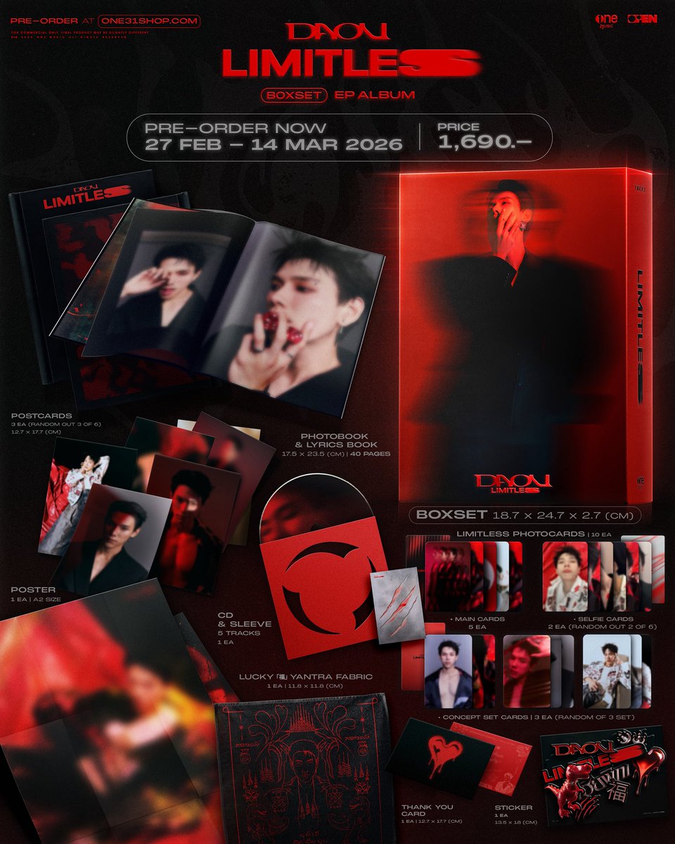 OPENLABEL_TH's tweet photo. Don’t Miss Out ❤️‍🔥
DAOU ‘LIMITLESS’ BOXSET EP ALBUM
🔗 : https://t.co/xtgV45Da3K
PRE-ORDER : NOW – 14 Mar 2026

Exclusive for customers who pre-order the DAOU LIMITLESS EP BOXSET

between February 27 – March 14, 2026 
via https://t.co/xtgV45Da3K,
will have the chance to be one of 150 lucky winners to attend the exclusive 
‘DAOU LIMITLESS FAN SIGN’ event.

#DAOULIMITLESSEP
#DAOU #ต้าห์อู๋ 
#OPENLABELMERCH
#OPENLABEL