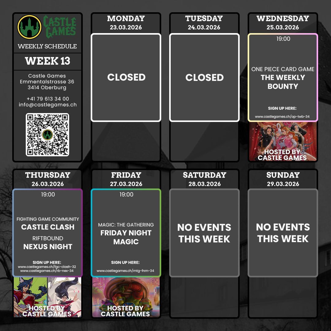 CastleGames_E's tweet photo. Here's the event schedule at @CastleGames for March 2026! Lots of opportunities to play your favorite #TCG's be it #OPCG, #Riftbound or #MtG. For people interested in supporting their local #FGC, we have two Castle Clash events. We hope to see many of you in Oberburg! https://t.co/uSJpEIRO5e
