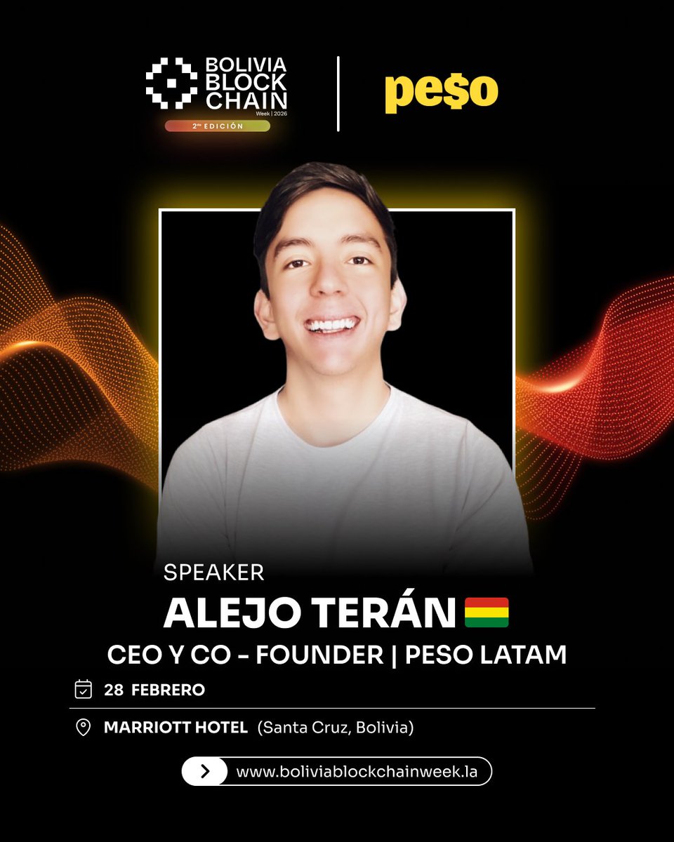 BOLIVIA_BBWEEK's tweet photo. 📢 Anunciamos a Alejo Terán, CEO & Co-Founder de Peso, quien se suma al conversatorio en la segunda edición de Bolivia Blockchain Week 2026 🚀

Peso es una cuenta global en USD para latinoamericanos, respaldada por Tether, que permite comprar dólares, pagar en otras monedas con QR, ahorrar e invertir desde una sola aplicación.

Alejo nos compartirá su sólida trayectoria en el ecosistema fintech y su trabajo escalando operaciones financieras digitales en la región.

Nos vemos en #BoliviaBlockchainWeek2026
#Fintech #Blockchain #InnovacionDigital #Web3
