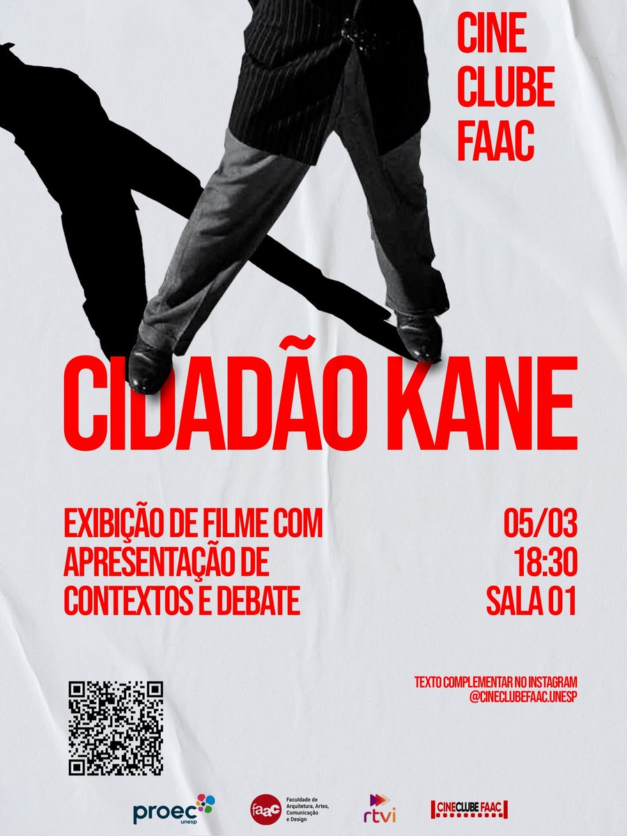 cinemafrances's tweet photo. Pessoal do interior paulista, próximo de Bauru: o cineclube FAAC da UNESP vai exibir o clássico Cidadão Kane, de Orson Welles, nesta próxima quinta (05/03).
Quem for de Bauru ou região está convidado para assistir e debater o filme com a gente!!! https://t.co/d6mkFBX83N