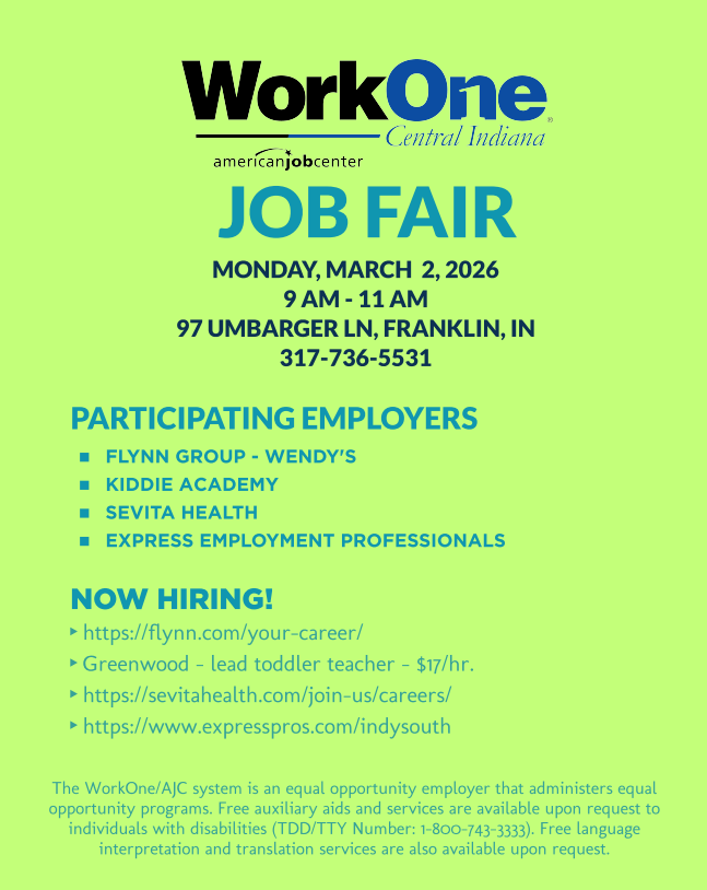Franklin Job Fair. 3/2/26 from 9am to 11am.  Come meet with your new employer.