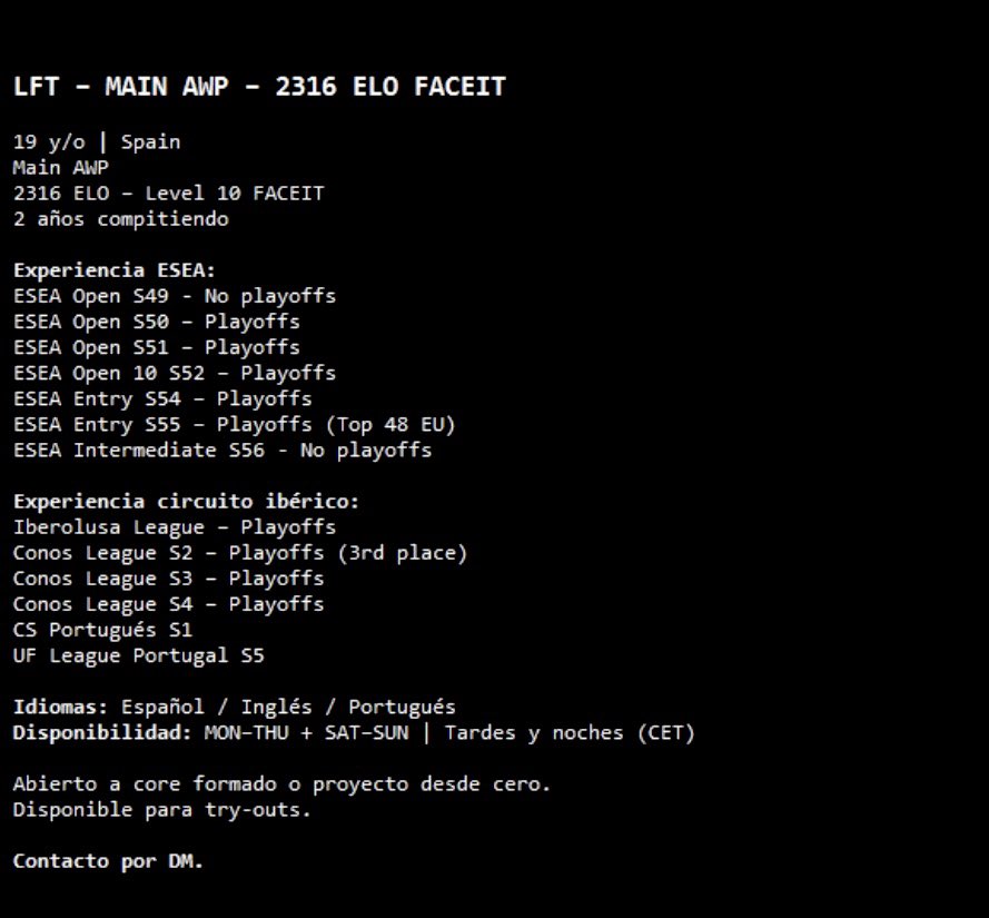 LFT (🇪🇸 🇵🇹 🇬🇧) – Main AWP 2316 ELO.
RTs appreciated ❤️