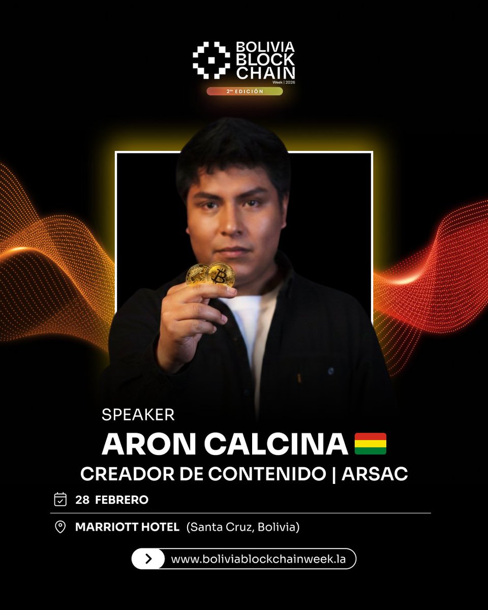 BOLIVIA_BBWEEK's tweet photo. 📢 Anunciamos a Aron Calcina (SoyArsac), creador de contenido especializado en economía, finanzas y criptomonedas, como parte del panel de influencers en Bolivia Blockchain Week 2026 🚀

Arsac comparte análisis y contenido educativo enfocado en economía digital, acercando estos temas a una audiencia cada vez más interesada en las nuevas finanzas.

Una conversación clave para quienes buscan entender el futuro del ecosistema digital.

Nos vemos en #BoliviaBlockchainWeek2026
#CreadoresDeContenido #Finanzas #Cripto #Web3