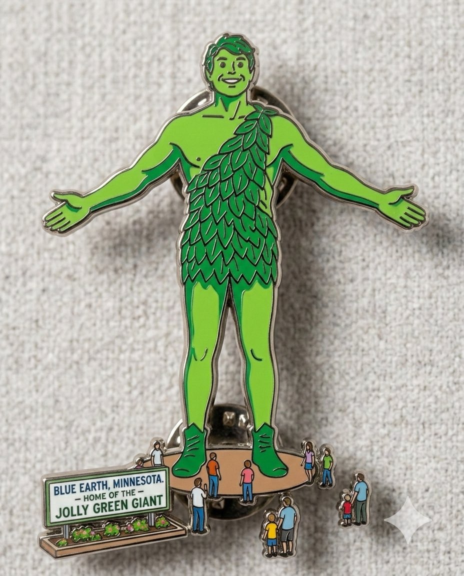 maizeandhsu's tweet photo. One of the big updates on Nano Banana 2 is that it can reference real-time info and images from the web, so it can more accurately create images of the real world. 

Here’s the Green Giant statue in my hometown, reimagined as a pin without uploading a reference pic https://t.co/66p24BoK6O