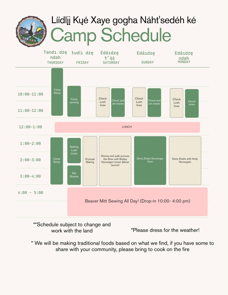 Líídlı̨ı̨ Kų́ę́ Xaye gogha Náht'sedéh ké
Community Winter Language Camp
📅 Feb 26–Mar 2, 2026

Join us on the land for Dene Zhatie, drymeat making, losh lines, snares, stories, scavenger hunt &amp; beaver mitt sewing (10–4 daily).

Dress warm! 🔥
Info: Whitney 867-695-3131
Mahsi Cho!
